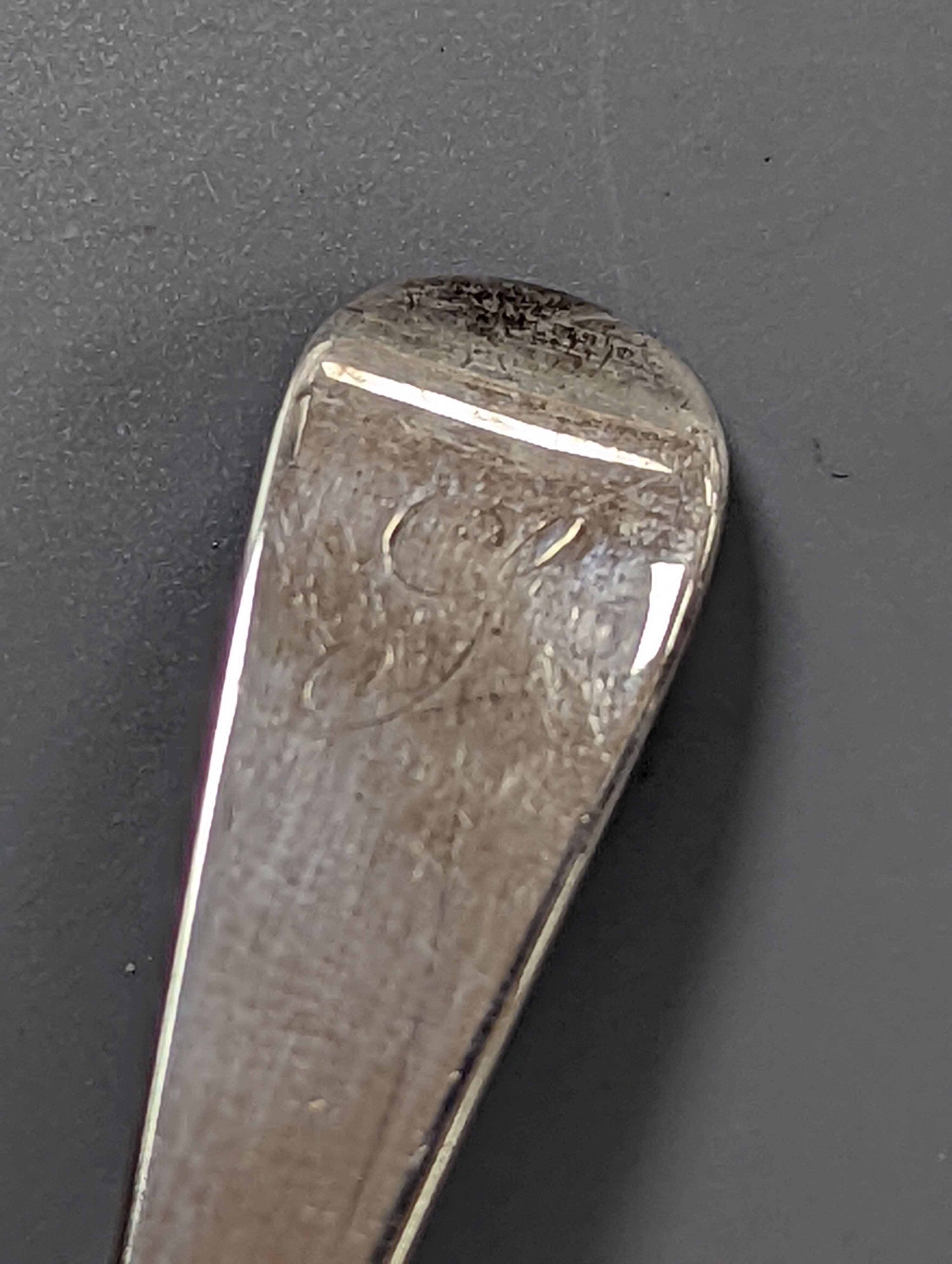 A matched set of six George III silver teaspoons, Peter & William Bateman, London, 1808(5) and one 1802 (maker's mark rubbed), 84 grams.
